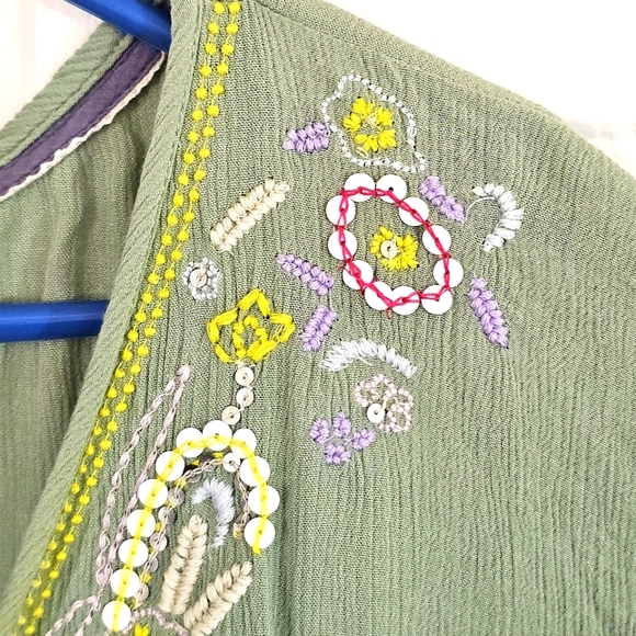 Anthropologir Floreat Green Embellished Vneck Top L Floral Embroidered Sequins - Picture 3 of 8